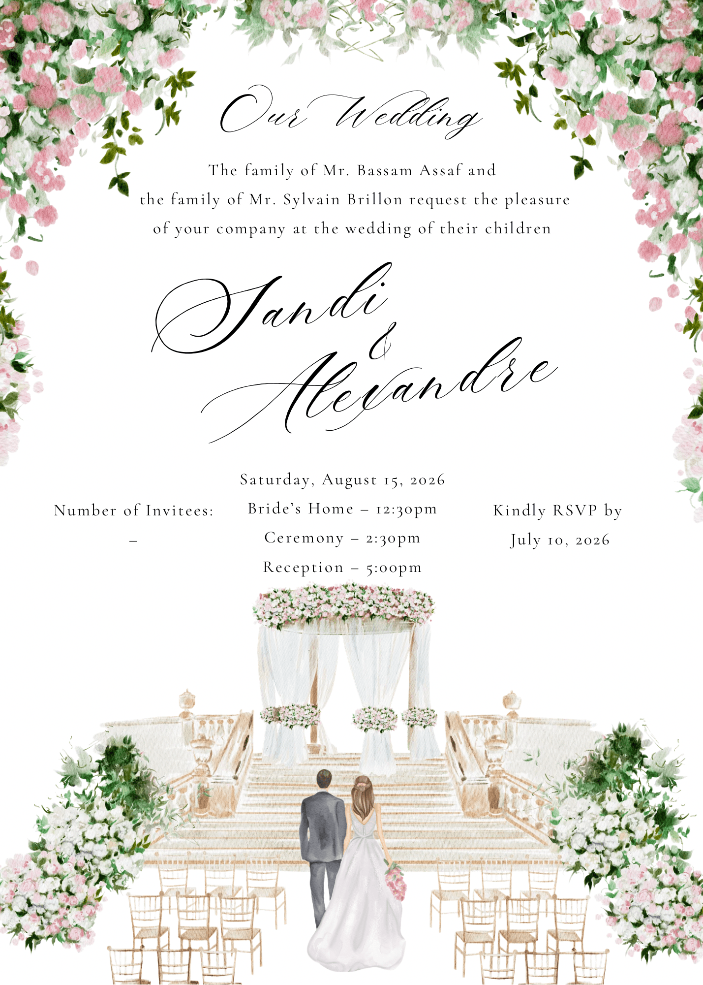 Wedding invitation for Sandi and Alexandre — Saturday, August 15, 2026. Ceremony, reception, and RSVP by July 10.